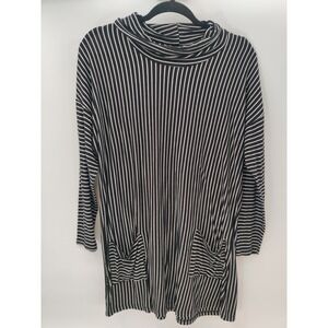 Boboeu Black‎ White Stripe Cowl Neck Pocket Tunic Top Shirt Dress Women's L